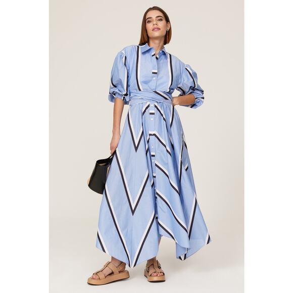 Tanya Taylor Azaria Blue Stripe Puff Sleeve Handkerchief Button Up Shirt Dress 4 - Picture 1 of 16